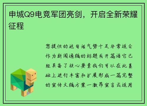 申城Q9电竞军团亮剑，开启全新荣耀征程